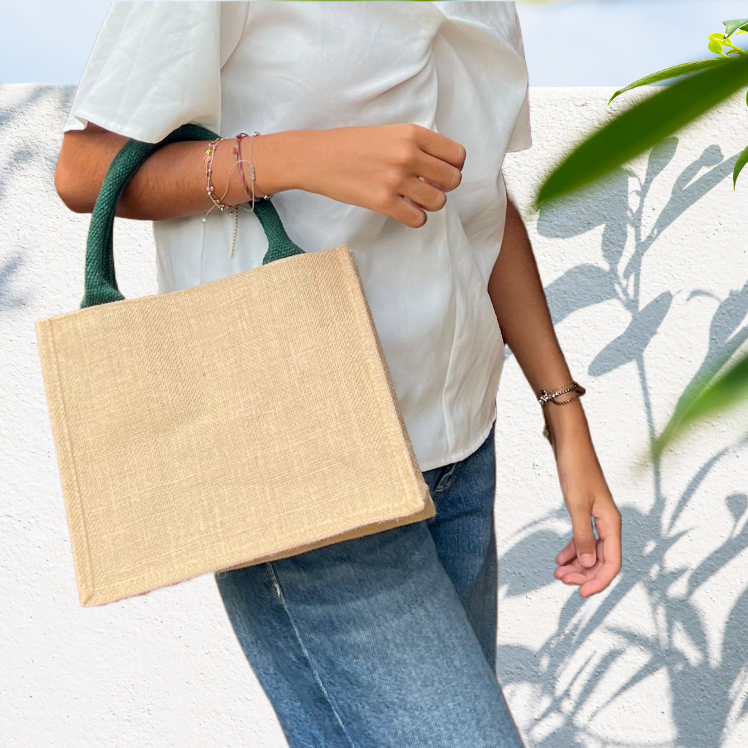 Petit sac en toile de jute – Naturel avec anses verte