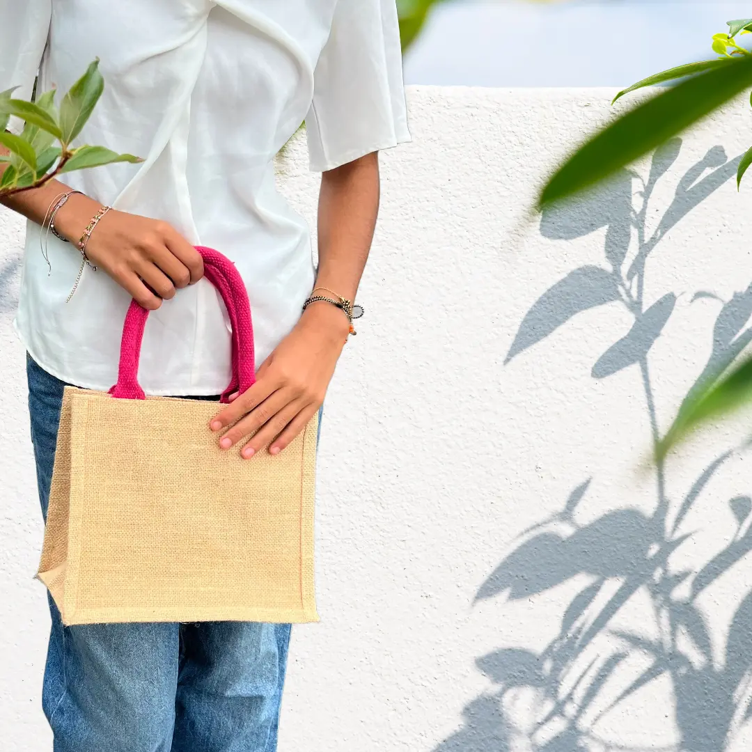 Petit sac en toile de jute – Naturel avec anses roses NEYWASA Originals