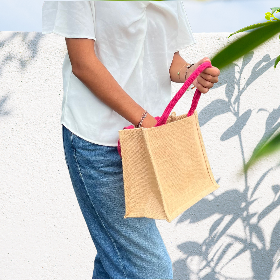 Petit sac en toile de jute – Naturel avec anses roses
