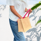 Petit sac en toile de jute – Naturel avec anses roses