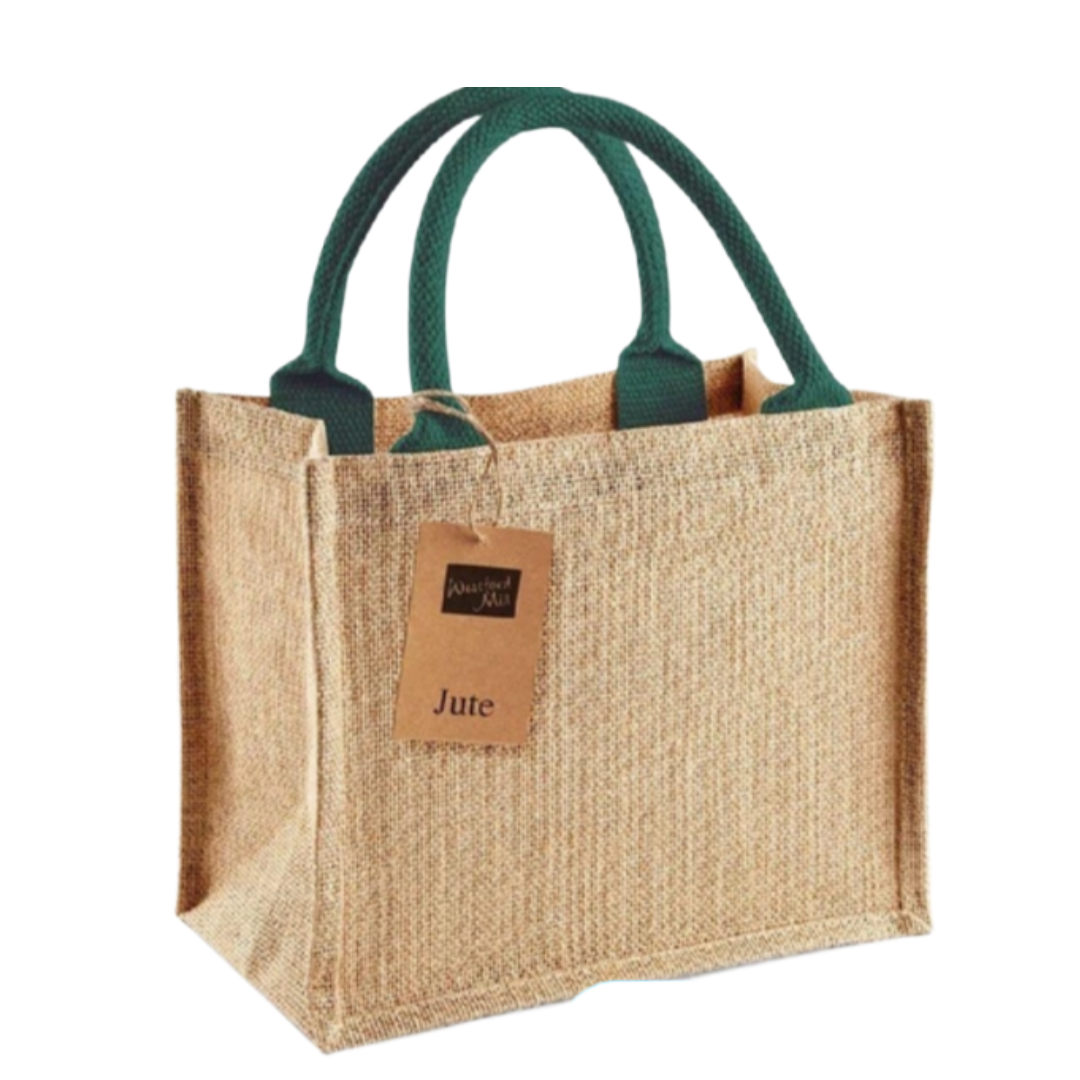 Petit sac en toile de jute – Naturel avec anses verte